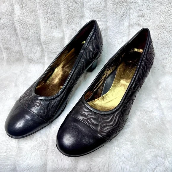 Taryn Rose Pumps Women 38.5 Brown Excellent Embroidered Leather Block Heel 9312 - Picture 3 of 11